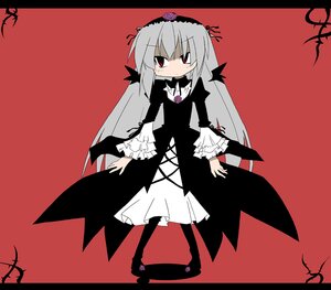 Rating: Safe Score: 0 Tags: 1girl black_border dress flower frills full_body hairband image letterboxed long_hair long_sleeves red_eyes rose signature silver_hair simple_background solo standing suigintou very_long_hair wings User: admin