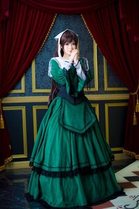 Rating: Safe Score: 0 Tags: 1girl brown_hair checkered checkered_floor curtains dress green_dress looking_at_viewer solo standing suiseiseki User: admin