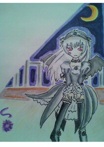 Rating: Safe Score: 0 Tags: 1girl black_wings dress flower frills hairband image lolita_hairband long_hair long_sleeves looking_at_viewer moon red_eyes solo standing suigintou traditional_media wings User: admin