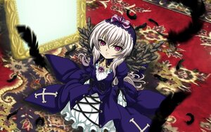 Rating: Safe Score: 0 Tags: 1girl brooch dress feathers frills hairband image long_hair long_sleeves looking_at_viewer pink_eyes silver_hair solo suigintou wings User: admin