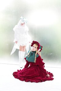 Rating: Safe Score: 0 Tags: 1girl blonde_hair blue_eyes bonnet bow dress frills hat long_hair long_sleeves multiple_cosplay rain red_dress shinku sitting solo tagme User: admin