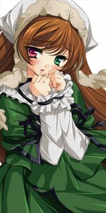 Rating: Safe Score: 0 Tags: 1girl bangs blush brown_hair dress frills green_dress green_eyes heterochromia image long_hair long_sleeves looking_at_viewer red_eyes rozen_maiden simple_background solo sorimura_youji suiseiseki very_long_hair User: admin