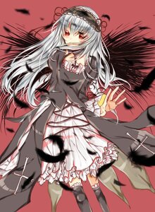 Rating: Safe Score: 0 Tags: 1girl black_wings dress feathers flower frills hairband image lolita_hairband long_hair long_sleeves looking_at_viewer red_eyes rose silver_hair solo suigintou wings User: admin