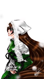 Rating: Safe Score: 0 Tags: 1girl brown_hair dress frills green_dress green_eyes image long_hair long_sleeves looking_at_viewer signature solo suiseiseki very_long_hair User: admin