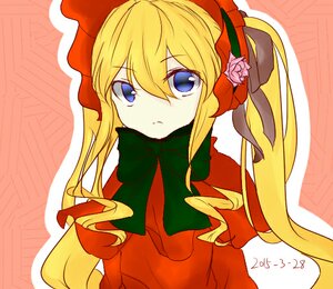 Rating: Safe Score: 0 Tags: 1girl blonde_hair blue_eyes bonnet bow bowtie capelet dress flower green_bow green_neckwear image long_hair long_sleeves looking_at_viewer pink_flower ribbon rose shinku sidelocks solo upper_body User: admin