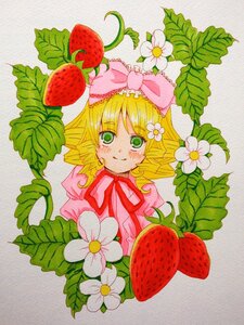 Rating: Safe Score: 0 Tags: 1girl apple blonde_hair bow cherry drill_hair flower food fruit grapes green_eyes hair_bow hair_ornament hina_ichigo hinaichigo holding_fruit image leaf looking_at_viewer object_namesake pink_bow ribbon short_hair smile solo strawberry strawberry_hair_ornament traditional_media watermelon User: admin