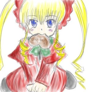Rating: Safe Score: 0 Tags: 1girl bangs blonde_hair blue_eyes bow dress food food_in_mouth hair_bow image long_hair long_sleeves looking_at_viewer motion_lines mouth_hold red_bow red_dress shinku solo User: admin