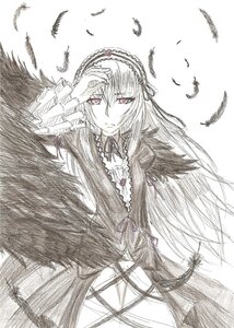 Rating: Safe Score: 0 Tags: 1girl bird black_feathers dress feathered_wings feathers frilled_sleeves frills greyscale hairband image long_hair long_sleeves looking_at_viewer monochrome solo suigintou traditional_media wings User: admin