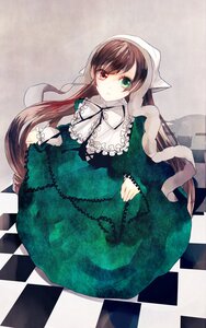 Rating: Safe Score: 0 Tags: 1girl argyle argyle_background brown_hair checkered checkered_background checkered_floor dress frills green_dress green_eyes heterochromia image long_hair long_sleeves looking_at_viewer pantyhose perspective red_eyes solo suiseiseki tile_floor tiles very_long_hair User: admin