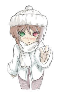 Rating: Safe Score: 0 Tags: 1girl blush brown_hair coat fur_trim green_eyes hat heterochromia image long_sleeves looking_at_viewer red_eyes scarf short_hair simple_background solo souseiseki striped white_background winter_clothes User: admin