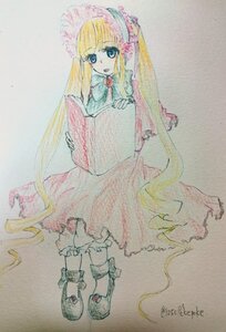 Rating: Safe Score: 0 Tags: 1girl bangs blonde_hair blue_eyes bonnet bow bowtie dress frills full_body image long_hair long_sleeves looking_at_viewer photo shinku simple_background solo standing traditional_media very_long_hair watercolor_(medium) User: admin