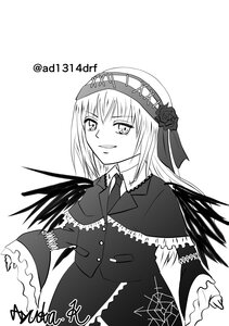 Rating: Safe Score: 0 Tags: 1girl dress flower frilled_sleeves greyscale hairband image long_hair long_sleeves monochrome rose simple_background smile solo suigintou upper_body white_background wings User: admin