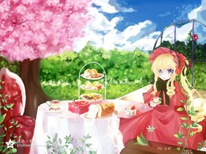 Rating: Safe Score: 0 Tags: 1girl artist_name blonde_hair blue_eyes blue_sky blush bonnet bow cloud cup day dress flower food fruit image long_hair long_sleeves outdoors plate red_dress rose saucer shinku sitting sky solo strawberry table tablecloth tea teacup teapot tiered_tray tree watermark web_address User: admin