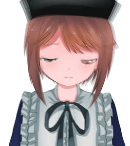Rating: Safe Score: 0 Tags: 1girl apron black_headwear blue_dress blurry blush brown_hair closed_eyes closed_mouth depth_of_field dress facing_viewer frills hat image ribbon simple_background smile solo souseiseki upper_body white_apron white_background User: admin