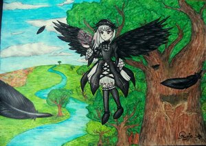 Rating: Safe Score: 0 Tags: 1girl black_wings boots dress feathers flower frills hairband image long_hair long_sleeves looking_at_viewer red_eyes ribbon rose silver_hair solo suigintou tree water wings User: admin