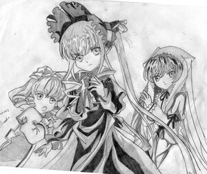 Rating: Safe Score: 0 Tags: 3girls dress drill_hair frills graphite_(medium) greyscale hat image long_hair long_sleeves looking_at_viewer monochrome multiple multiple_girls open_mouth shinku tagme traditional_media twintails very_long_hair User: admin