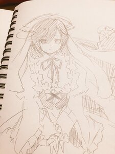 Rating: Safe Score: 0 Tags: 1girl dress frills greyscale image long_hair long_sleeves looking_at_viewer monochrome ribbon sketch solo suiseiseki User: admin