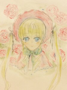 Rating: Safe Score: 0 Tags: 1girl bangs blonde_hair blue_eyes bonnet bowtie capelet closed_mouth eyebrows_visible_through_hair flower image long_hair looking_at_viewer shinku solo traditional_media twintails upper_body User: admin