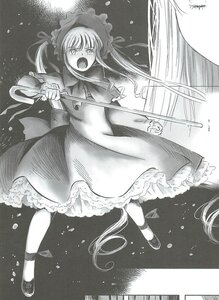 Rating: Safe Score: 0 Tags: 1girl dress frills greyscale hat image long_hair monochrome open_mouth shinku shoes solo twintails User: admin