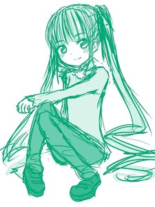 Rating: Safe Score: 0 Tags: 1girl bangs bare_shoulders blush full_body green_theme image long_hair looking_at_viewer monochrome pants shinku sitting sketch smile solo twintails User: admin