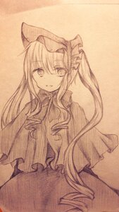 Rating: Safe Score: 0 Tags: 1girl capelet closed_mouth dress eyebrows_visible_through_hair hat image long_hair looking_at_viewer monochrome shinku side_ponytail solo traditional_media User: admin