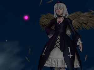 Rating: Safe Score: 0 Tags: 1girl bangs black_dress black_wings choker dress feathered_wings feathers image long_sleeves looking_at_viewer night sky solo standing suigintou wings yellow_eyes User: admin