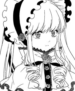 Rating: Safe Score: 0 Tags: 1girl bonnet closed_mouth drill_hair eyebrows_visible_through_hair frilled_hairband greyscale hairband image long_hair looking_at_viewer monochrome ringlets shinku simple_background solo twin_drills upper_body white_background User: admin