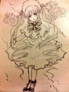 Rating: Safe Score: 0 Tags: 1girl blush bonnet dress flower frills full_body hat image long_hair long_sleeves looking_at_viewer monochrome rose shinku smile solo standing suigintou torn_clothes torn_dress traditional_media twintails very_long_hair User: admin