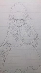 Rating: Safe Score: 0 Tags: 1girl bow dress frills image long_hair long_sleeves looking_at_viewer monochrome shinku simple_background sketch smile solo traditional_media User: admin