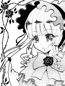 Rating: Safe Score: 0 Tags: 1girl bangs bonnet bow dress drill_hair flower frills greyscale image long_hair looking_at_viewer monochrome petals rose shinku simple_background solo traditional_media twin_drills white_background User: admin