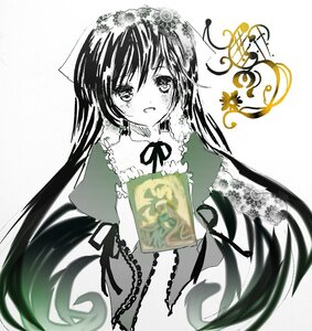 Rating: Safe Score: 0 Tags: 1girl blush chain dress holding image long_hair long_sleeves looking_at_viewer monochrome open_mouth ribbon simple_background solo suiseiseki very_long_hair white_background User: admin