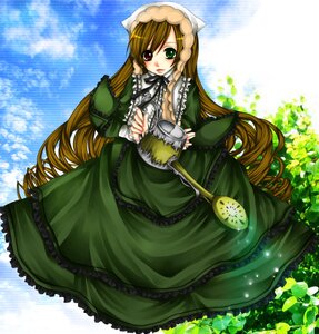 Rating: Safe Score: 0 Tags: 1girl brown_hair dress frills green_dress green_eyes head_scarf heterochromia image long_hair long_sleeves red_eyes solo suiseiseki twintails very_long_hair watering_can User: admin