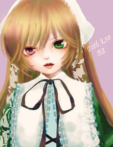 Rating: Safe Score: 0 Tags: 1girl bangs frills green_eyes image lips looking_at_viewer ribbon simple_background solo suiseiseki User: admin