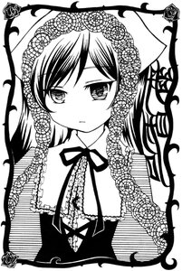 Rating: Safe Score: 0 Tags: 1girl closed_mouth dress flower frills greyscale image lace long_hair looking_at_viewer monochrome ribbon rose simple_background solo suiseiseki upper_body white_background User: admin