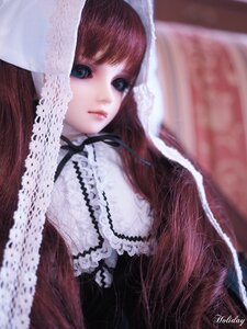 Rating: Safe Score: 0 Tags: 1girl bangs black_ribbon brown_hair closed_mouth doll dress expressionless eyelashes frills hat lace lips long_hair looking_at_viewer ribbon signature solo suiseiseki User: admin