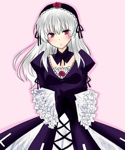 Rating: Safe Score: 0 Tags: 1girl blush detached_collar dress flower frills gothic_lolita hairband image lolita_hairband long_hair long_sleeves looking_at_viewer pink_eyes rose silver_hair solo suigintou User: admin