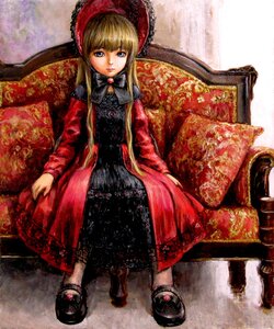 Rating: Safe Score: 0 Tags: 1girl bad_id bad_pixiv_id bangs blonde_hair blue_eyes bonnet bow bowtie dress image long_hair long_sleeves looking_at_viewer red_dress rozen_maiden shinku sitting solo tafuto traditional_media User: admin
