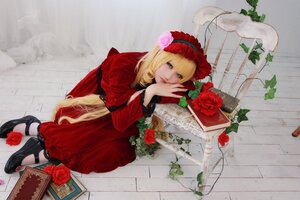 Rating: Safe Score: 0 Tags: 1girl blonde_hair blue_eyes book dress flower lips long_hair mary_janes realistic red_dress red_flower red_rose rose shinku shoes solo User: admin