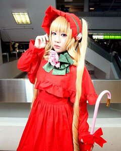 Rating: Safe Score: 0 Tags: 1girl blonde_hair blue_eyes bonnet bow dress flower green_neckwear lips long_hair long_sleeves looking_at_viewer photo red_dress shinku solo traditional_media User: admin