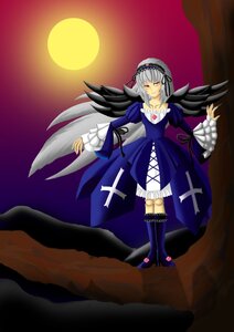 Rating: Safe Score: 0 Tags: 1girl black_wings boots dress flower frills full_body full_moon hairband image knee_boots long_hair long_sleeves looking_at_viewer moon night red_eyes rose silver_hair solo standing suigintou wings User: admin