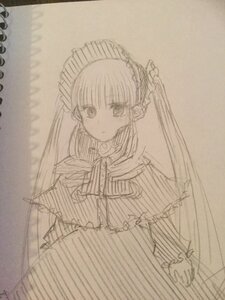 Rating: Safe Score: 0 Tags: 1girl dress frills image long_hair long_sleeves looking_at_viewer monochrome photo shinku sketch solo striped traditional_media upper_body User: admin