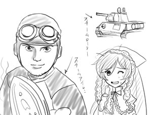 Rating: Safe Score: 0 Tags: 1boy 1girl aircraft blush braid frills goggles goggles_on_head greyscale hat image monochrome one_eye_closed smile solo suiseiseki twin_braids User: admin