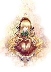 Rating: Safe Score: 0 Tags: 1girl blonde_hair blue_eyes bonnet bow dress drill_hair flower image long_hair looking_at_viewer shinku shoes sitting solo twintails very_long_hair User: admin