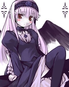 Rating: Safe Score: 0 Tags: 1girl black_wings blush detached_collar dress frills hairband image juliet_sleeves lolita_hairband long_hair long_sleeves looking_at_viewer lowres nu_(plastic_eraser) pale_skin puffy_sleeves purple_hair red_eyes rozen_maiden simple_background sitting smile solo suigintou thighhighs white_background wings User: admin