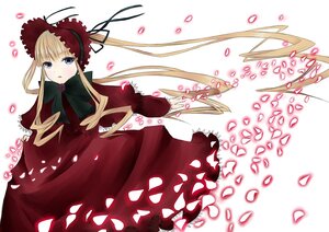 Rating: Safe Score: 0 Tags: 1girl blonde_hair blue_eyes blush bonnet bow bowtie capelet dress flower image long_hair long_sleeves looking_at_viewer petals red_dress rose rose_petals shinku sidelocks solo twintails very_long_hair white_background User: admin