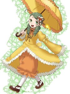 Rating: Safe Score: 0 Tags: 1girl bloomers blush dress drill_hair full_body green_eyes green_hair hair_ornament hat image kanaria long_sleeves open_mouth parasol ribbon shoes smile solo standing twin_drills umbrella white_legwear User: admin