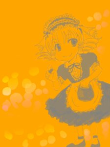 Rating: Safe Score: 0 Tags: 1girl apron bow bowtie dress hinaichigo image looking_at_viewer monochrome orange_background shoes short_hair smile solo standing User: admin