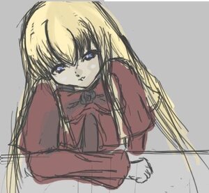Rating: Safe Score: 0 Tags: 1girl bangs blonde_hair blue_eyes closed_mouth crossed_arms dress flower grey_background image long_hair long_sleeves looking_at_viewer red_dress rose shinku simple_background sketch solo upper_body User: admin