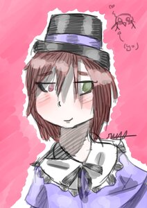 Rating: Safe Score: 0 Tags: 1girl blue_headwear blush brown_hair green_eyes hat image looking_at_viewer neck_ribbon pink_background ribbon short_hair smile solo souseiseki striped upper_body User: admin