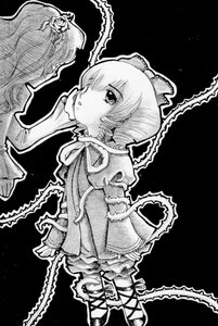 Rating: Safe Score: 0 Tags: 1girl bow dress frills front_ponytail greyscale hair_bow hair_ornament hair_ribbon kagiyama_hina long_sleeves monochrome ribbon solo User: admin